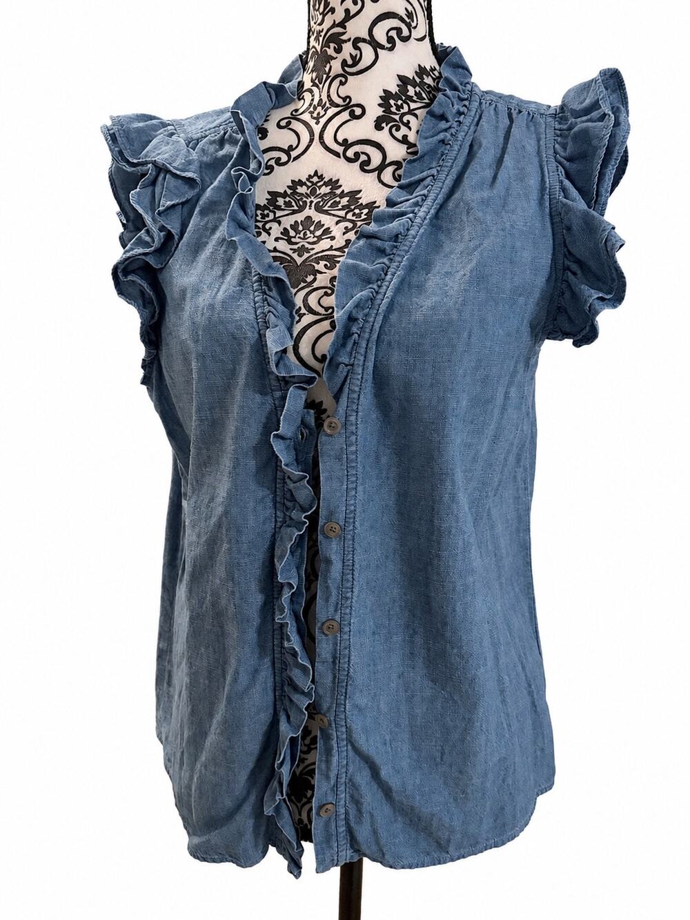 J.Crew Chambray Ruffle Trim Blouse Top Medium Blue 100% Cotton Size M